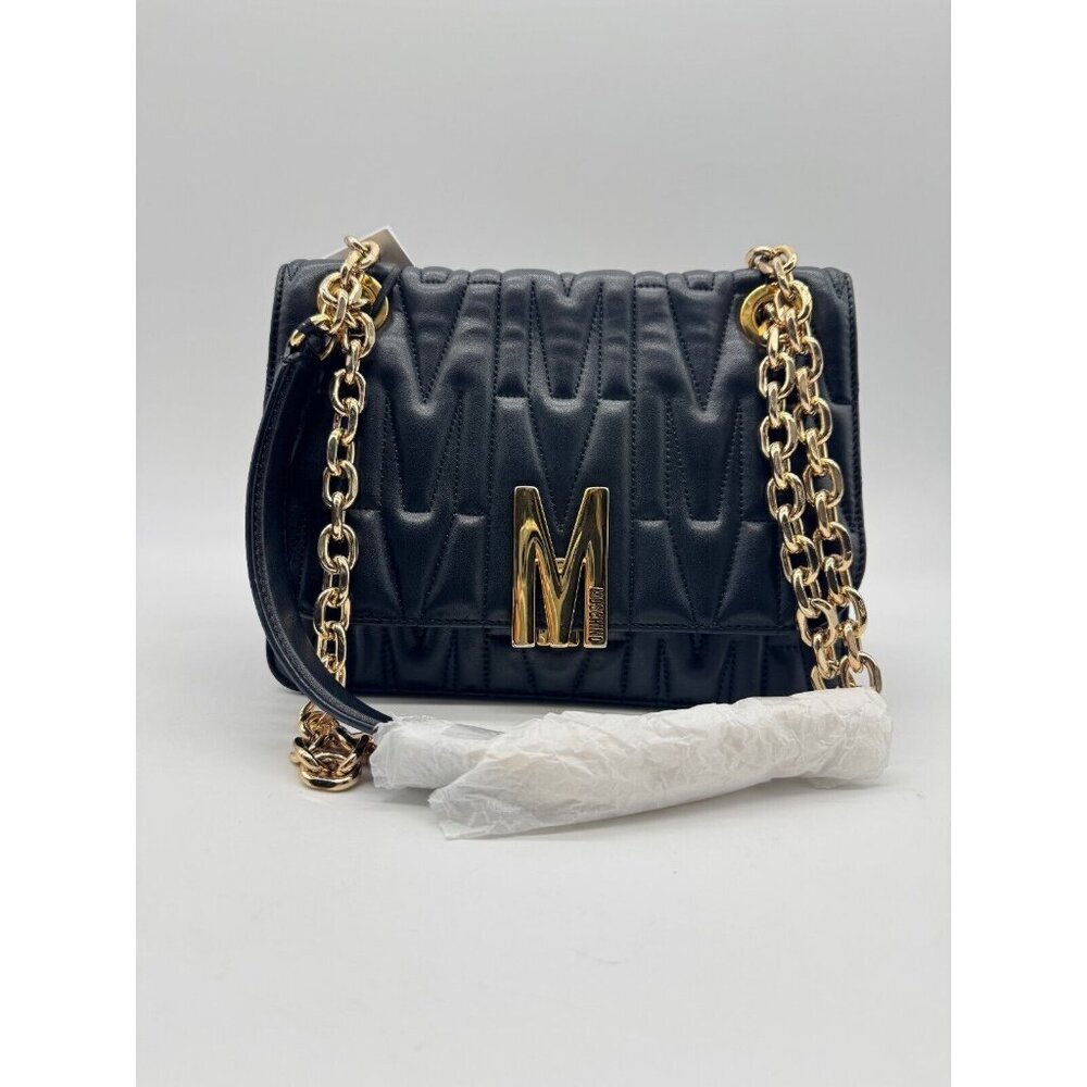 MOSCHINO monogram logo quilted leather convertible shoulder bag + Dust bag BLACK - Picture 13 of 16